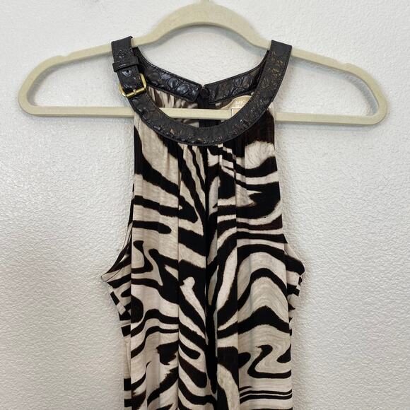 Y2K Brown Zebra Print Flowy Leather Buckle Halter Neck Maxi Dress - Picture 9 of 15